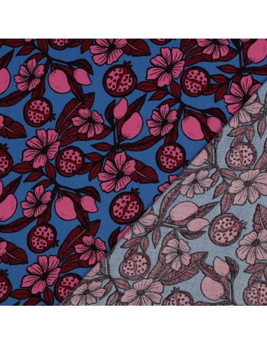 Tissu viscose - Fleurs rose fond bleu