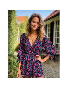 Tissu viscose - Fleurs rose fond bleu 2