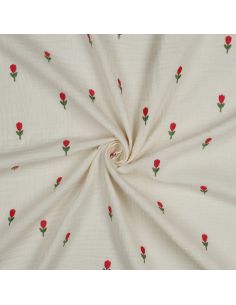 Tissu double gaze brodé fleurs - Naturel