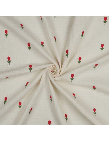 Tissu double gaze brodé fleurs - Naturel
