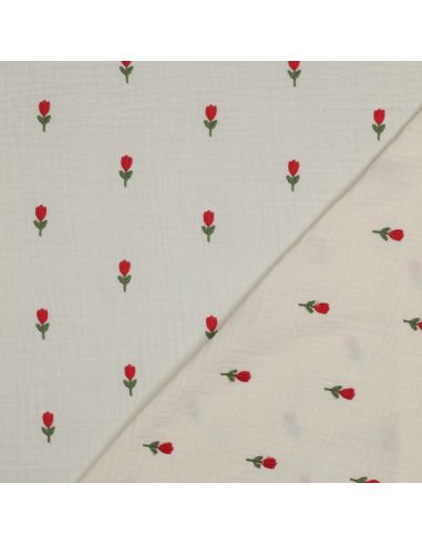 Tissu double gaze brodé fleurs - Naturel