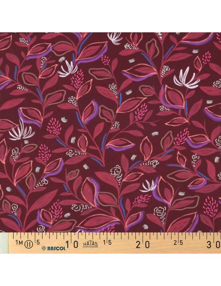 Tissu popeline de coton fleurs et feuilles - Bordeaux
