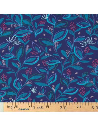 Tissu popeline de coton fleurs et feuilles - Bleu