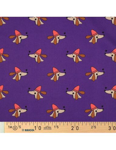 Tissu popeline de coton chien et cœurs - Violet