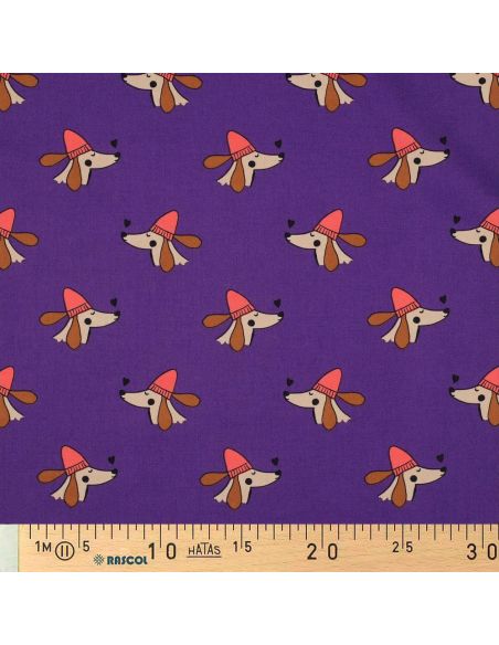 Tissu popeline de coton chien et cœurs - Violet