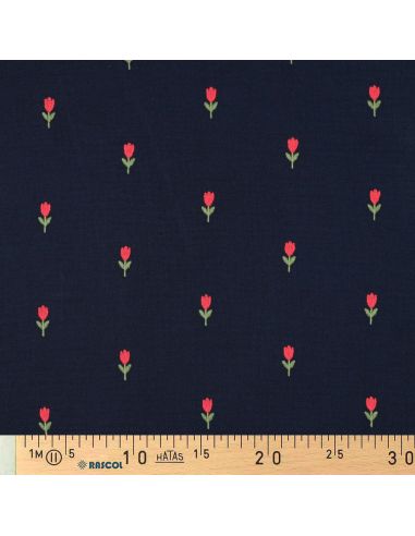 Tissu double gaze brodé tulipes - Navy