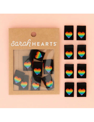 Lot de 8 étiquettes tissées - Coeur horizon arc-en-ciel