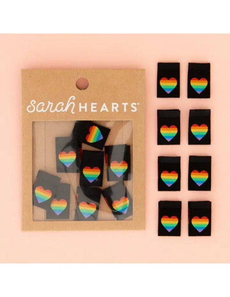 Lot de 8 étiquettes tissées - Coeur horizon arc-en-ciel
