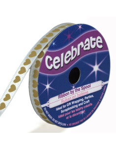 Ruban satin Celebrate blanc imprimé coeurs or - 6 mm x 4 mètres