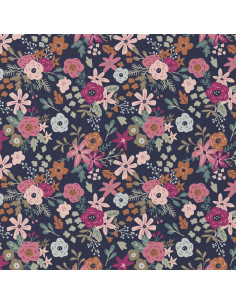 Tissu popeline de coton - Olga marine et rose 2