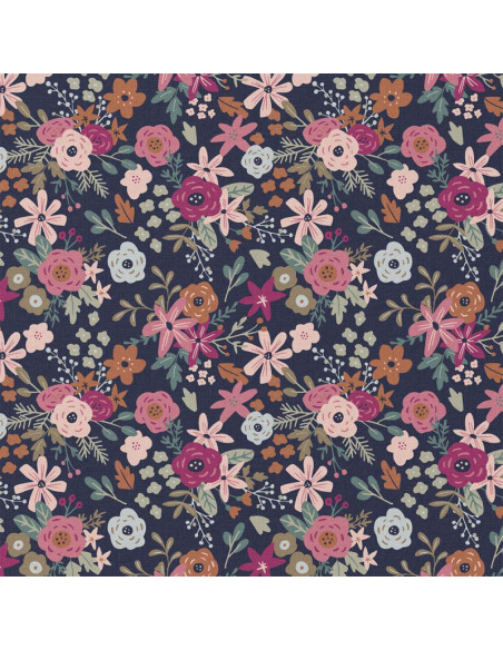 Tissu popeline de coton - Olga marine et rose