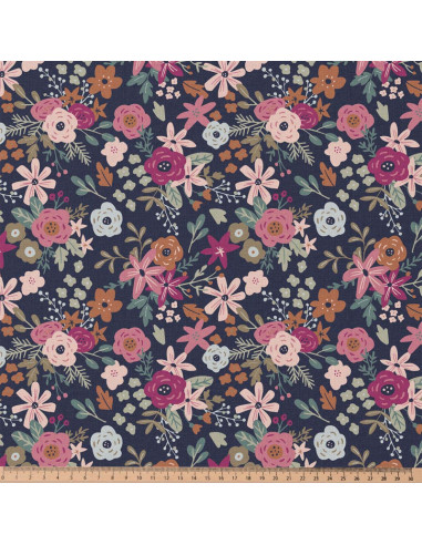 Tissu popeline de coton - Olga marine et rose
