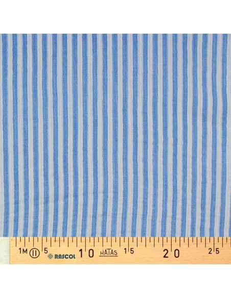 Tissu double gaze gaufrée rayures - Azur et blanc cassé