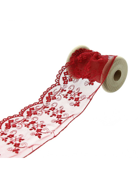 Dentelle brodée sur tulle - Rouge