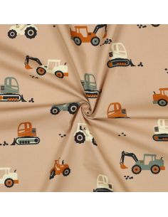 Tissu popeline de coton engins de chantier - Beige