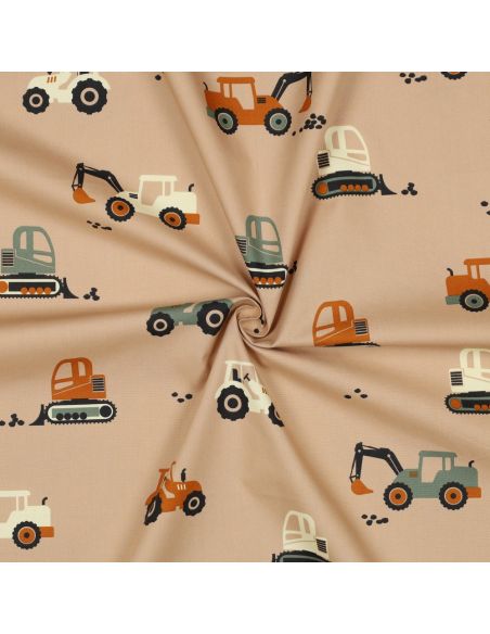Tissu popeline de coton engins de chantier - Beige
