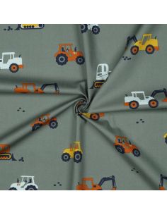 Tissu popeline de coton engins de chantier - Vert de gris
