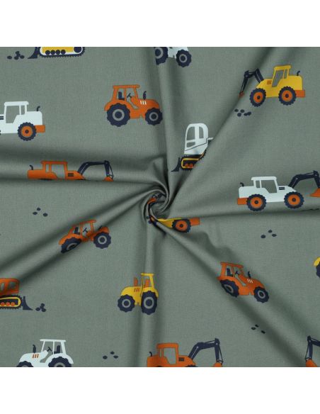 Tissu popeline de coton engins de chantier - Vert de gris