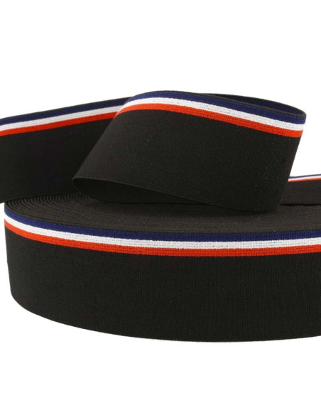 Elastique fantaisie rayé tricolore fond noir 45 mm