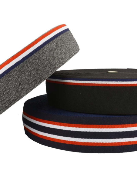 Elastique fantaisie rayé tricolore fond noir 45 mm