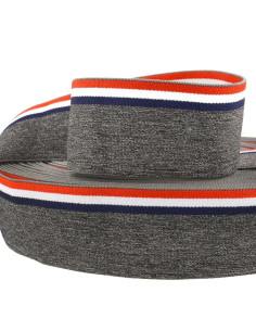 Elastique fantaisie rayé tricolore fond gris chiné 45 mm