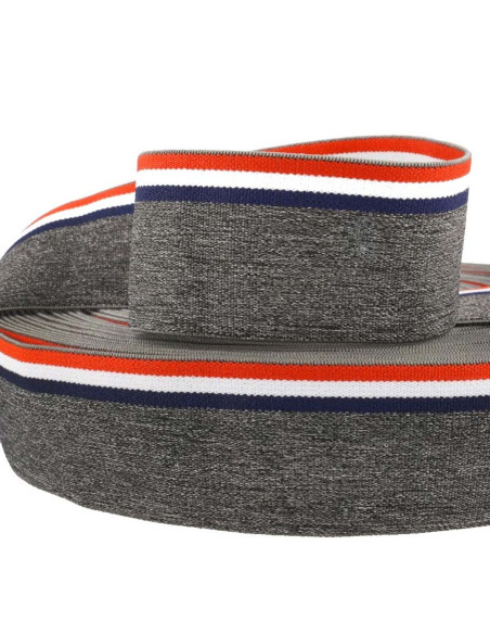 Elastique fantaisie rayé tricolore fond gris chiné 45 mm