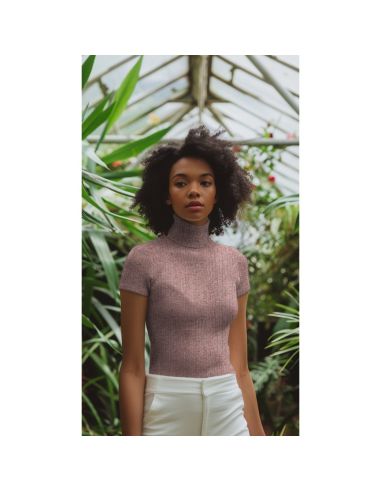 Tissu maille tricot côtelé lurex - Rose doré