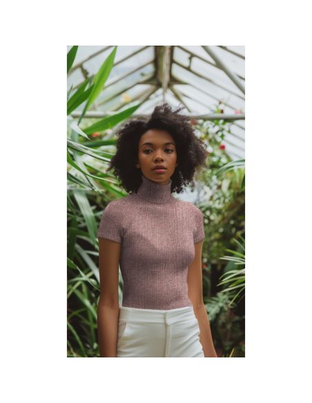 Tissu maille tricot côtelé lurex - Rose doré
