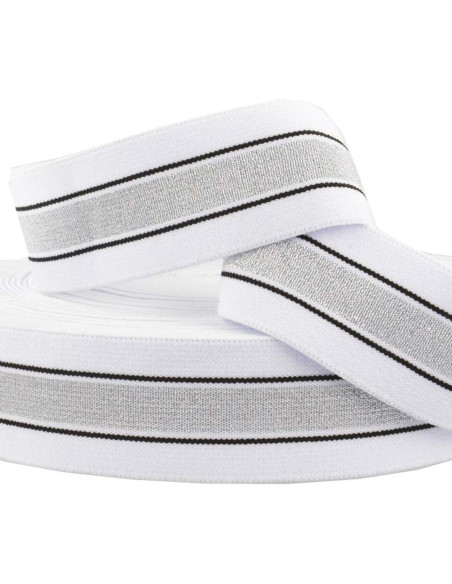 Elastique fantaisie lurex rayé blanc et argent 40 mm
