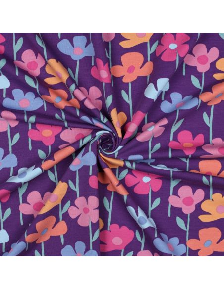 Tissu sweat fleurs des champs - Fond violet