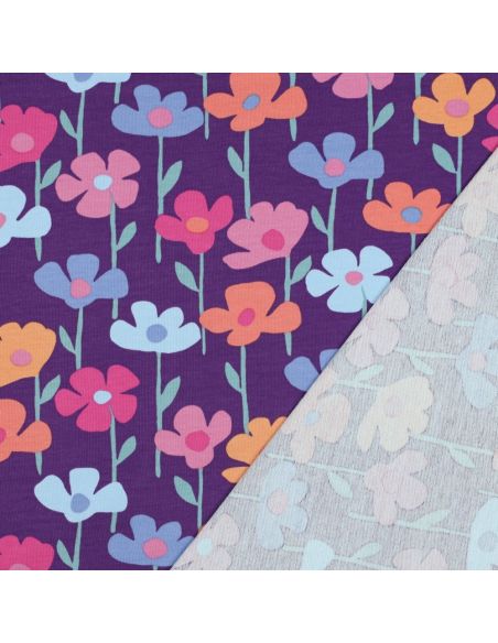 Tissu sweat fleurs des champs - Fond violet