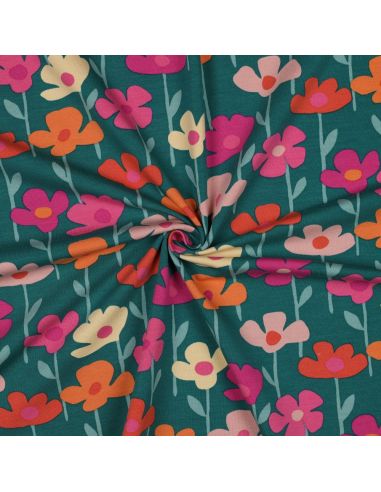 Tissu sweat fleurs des champs - Fond vert