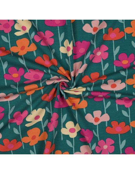 Tissu sweat fleurs des champs - Fond vert