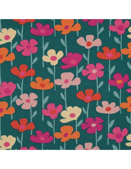 Tissu sweat fleurs des champs - Fond vert