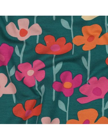 Tissu sweat fleurs des champs - Fond vert
