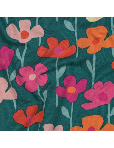Tissu sweat fleurs des champs - Fond vert