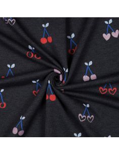 Tissu sweat mélangé glitter cerises - Bleu marine