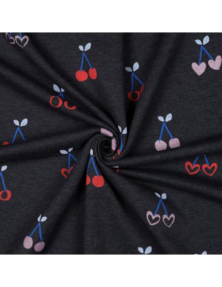 Tissu sweat mélangé glitter cerises - Bleu marine