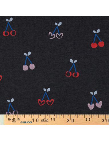 Tissu sweat mélangé glitter cerises - Bleu marine