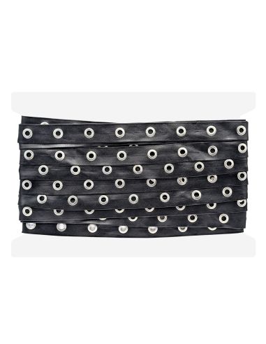 Ruban simili cuir noir à œillets argentés – 20 mm