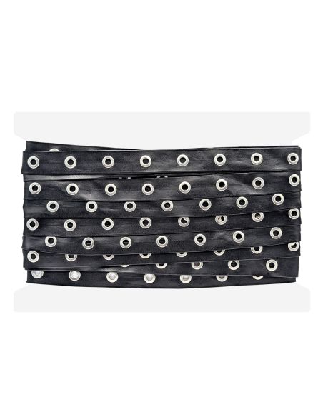 Ruban simili cuir noir à œillets argentés – 20 mm