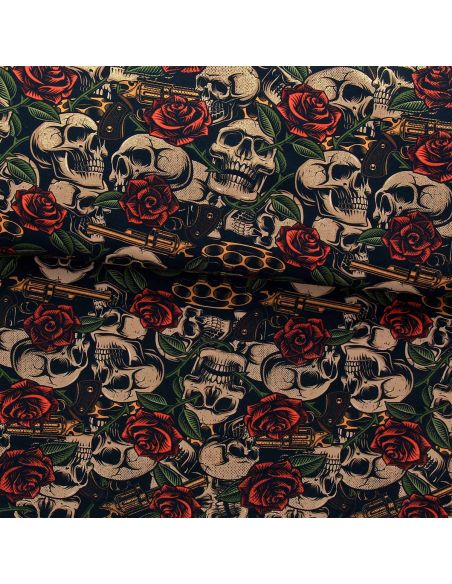 Tissu coton premium - Têtes de mort et roses