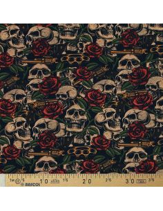 Tissu coton premium - Têtes de mort et roses 2