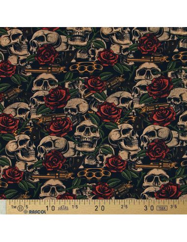 Tissu coton premium - Têtes de mort et roses
