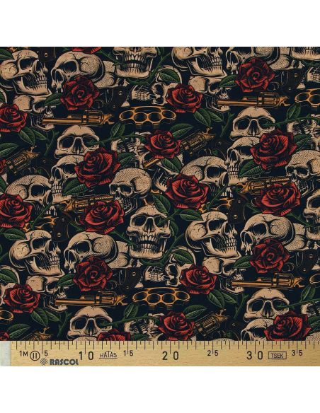 Tissu coton premium - Têtes de mort et roses