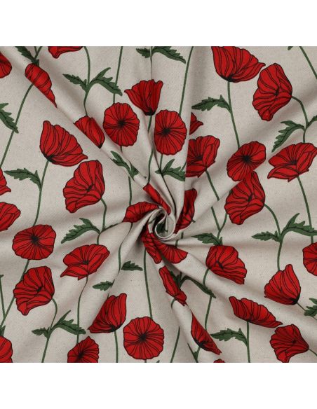 Tissu toile imperméable aspect lin - Coquelicots