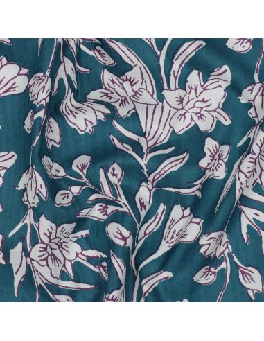 Tissu coton indien block print Kirine - Bleu pétrole
