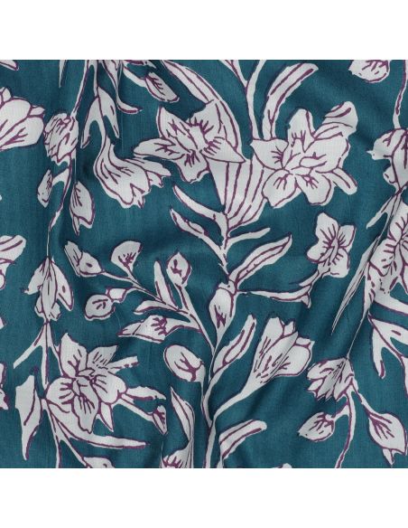Tissu coton indien block print Kirine - Bleu pétrole