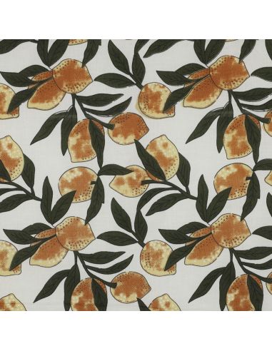 Tissu coton indien block print Citrons - Feuilles vertes