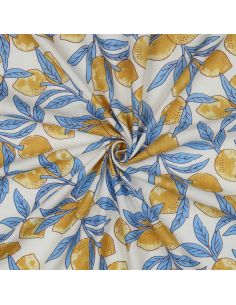 Tissu coton indien block print Citrons - Feuilles bleues